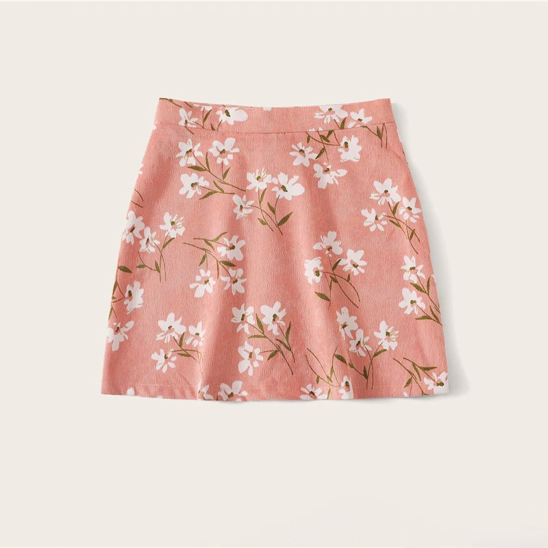 SHEIN юбка с цветочным принтом и пуговицами спереди, Boho, трапециевидная Осенняя Бархатная мини-юбка средней посадки, розовая женская простая короткая юбка