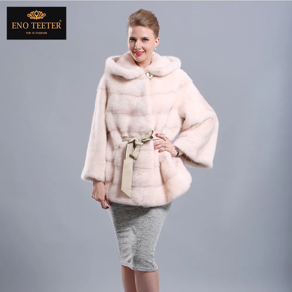 Pink Mink Fur Coat for Women Flare Sleeve Long Mink Fur Jacket with