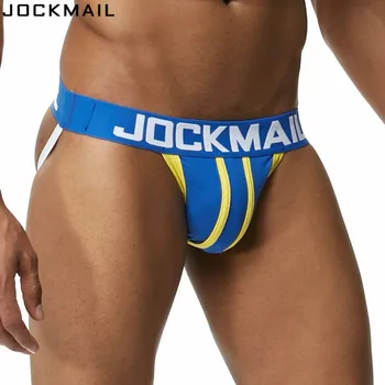 

JOCKMAIL Brand Sexy Men's Jockstraps Gay Jocks Cotton Low Rise Thongs Gay Underwear Double pipe G Strings Brief Bikini Backless