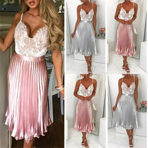 

Womens Pleated Skirt Elastic High Waist Shiny Metallic Party Swing Midi Dress