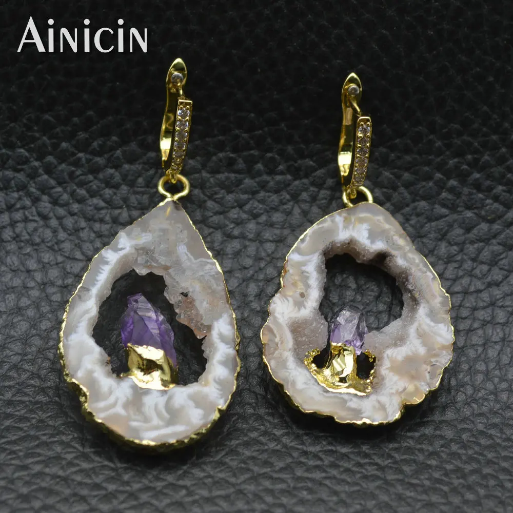 Женские Висячие серьги Drusy с фиолетовым кристаллом инкрустированные золотом