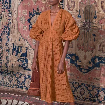 

2019 Summer Vintage Solid Women Dress High Waist Button Hollow Out Midi Dresses V Neck Puff Sleeve Party Dress