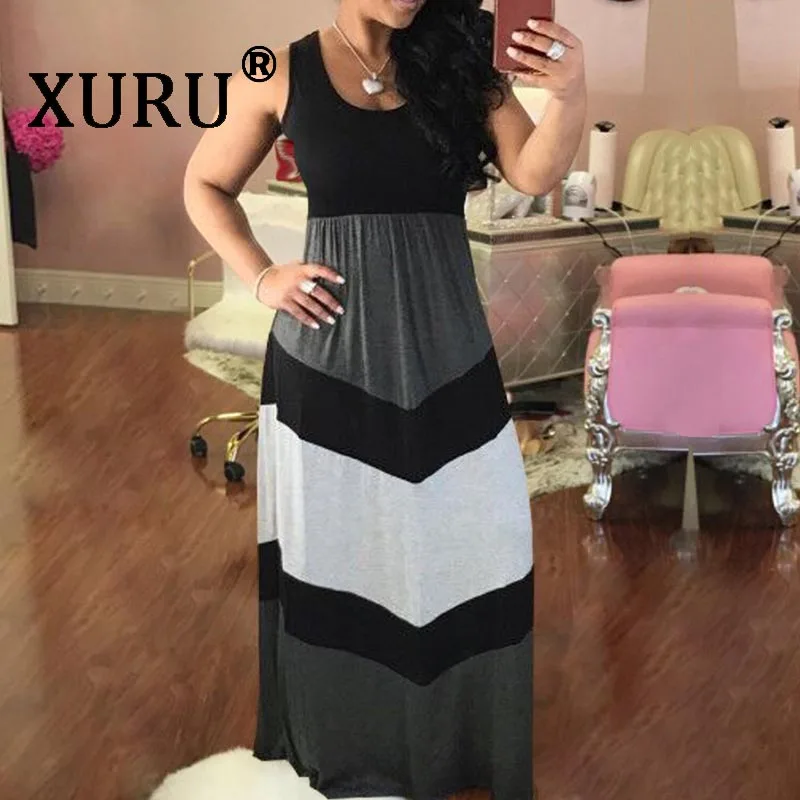 

XURU summer new hot sale dress women's long O-neck sleeveless striped dress patchwork loose casual beach dress