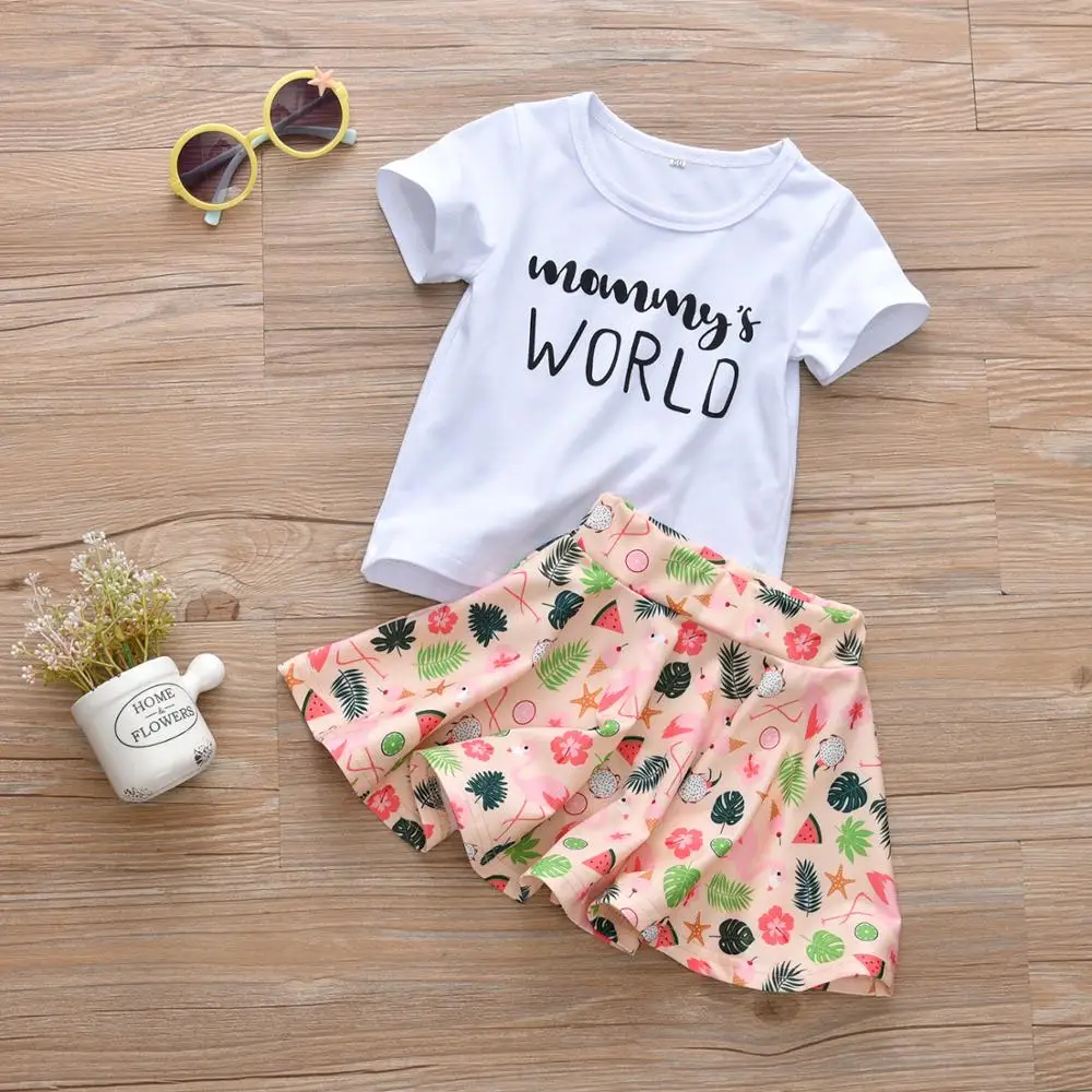 

Summer Kids Toddler Girl Clothes Mommy's World Short Sleeve T-shirt and Cartoon Short Skirt 2Pcs Baby Girl Clthing Set