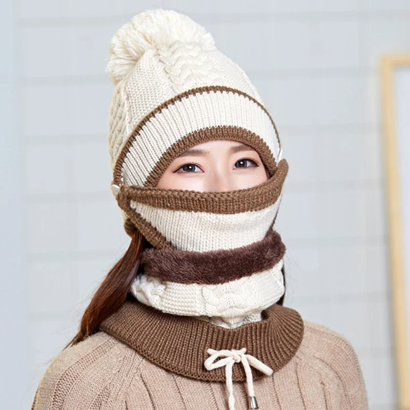 Для женщин зимние шапочки трикотажные шапка с теплой маски и средства ухода за кожей Шеи Шарф драйвер Windstop наборы для
