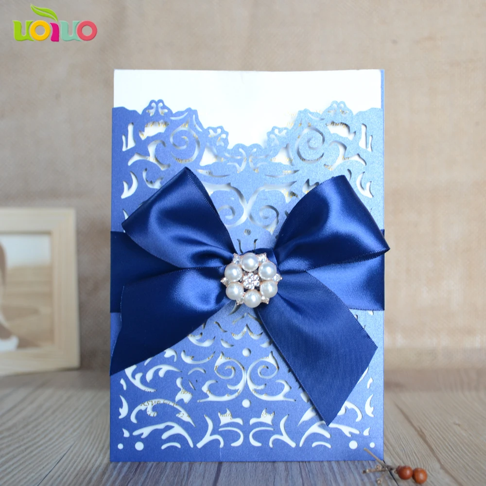 

DIY 25set customize inc257 pocket sea blue laser cut wedding invitation card+tied bow+big rhinestone+printing card+envelope seal