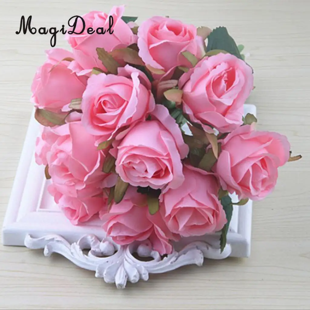 MagiDeal Artificial 12 Branch 25cm Rose Flower Bush Home Decor Wedding Floral Bouquet Potted Table Top Desk Centerpiece