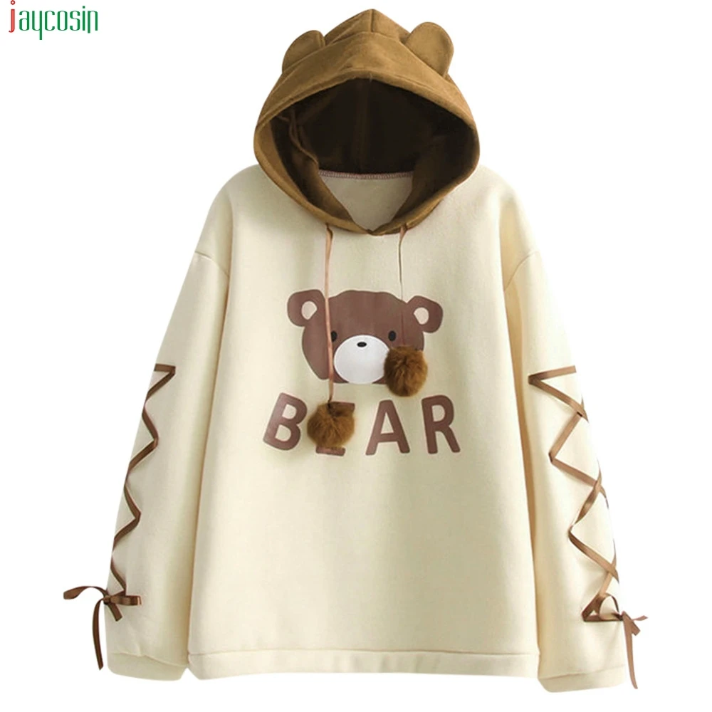 

JAYCOSIN Women Sweatshirt Casual Wear Bear Cap Top Long Sleeve With A Ribbon Hair Ball Cute hoodies women plus size top fashion