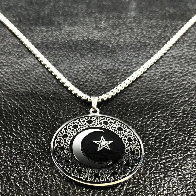 Модные мусульманские ожерелья из нержавеющей стали с изображением звезды луны, мужские ожерелья черного и серебристого цвета, подвески, ювелирные изделия, colgante N18538