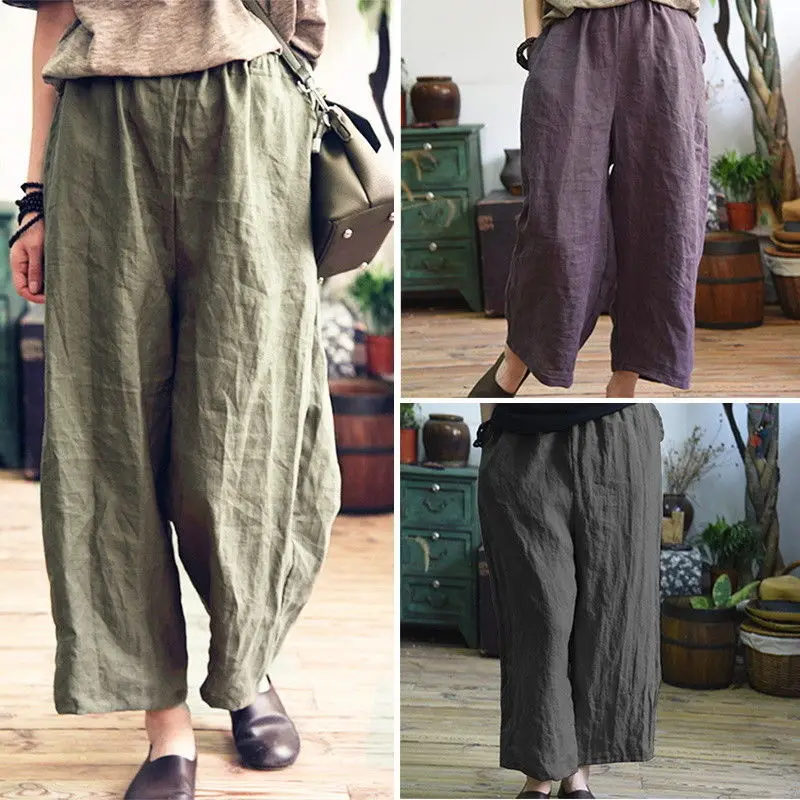 

Women Loose Ankle length Pants Linen Wide Leg Ladies Casual Sand Wash Summer Cool Baggy Trousers with Pocket