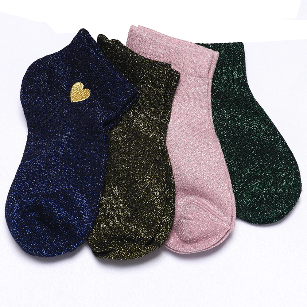 Весна вышивка сердце любовь сверкающие носки для женщин Мода забавные цвет серебристый, золотой шелк красочные блестящие Sox блестящие Calcetines Mujer