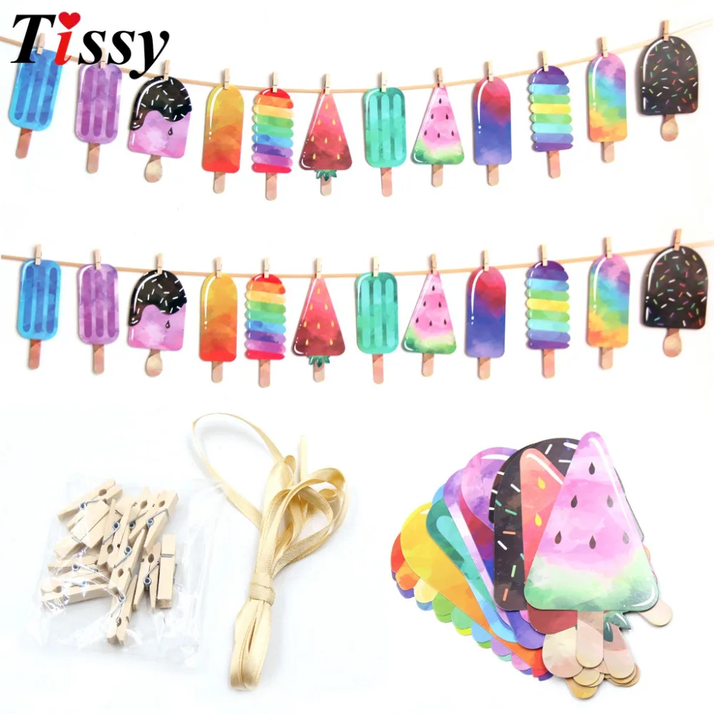 

12PCS/Set Colorful Paper Popsicle Banner Ice Cream Bar Ice Pop Garland For Kids Birthday/Summer Swimming Pool Party Decorations