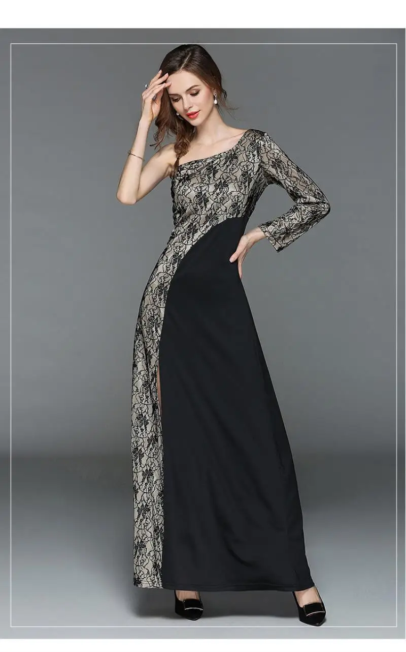2018 spring summer new fashion sexy women lace dress shoulder sleeve bare shoulder slim female lace formal dress long dress