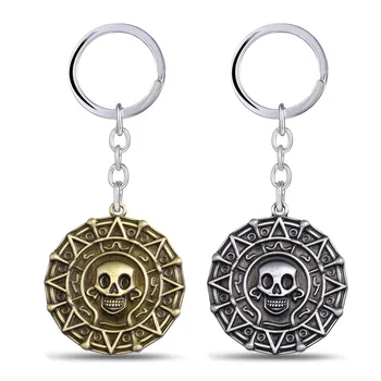 

10pcs/lot Pirates Of the Caribbean Aztec SKull round coin Keychain Alloy Gold Bronze 3 Colors Coin Keyring llaveros