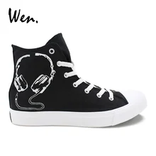 Wen Original Design Earphones Hand Painted Casual Shoes Custom Canvas Sneakers Women High Top Men Vulcanize Flat Plimsolls