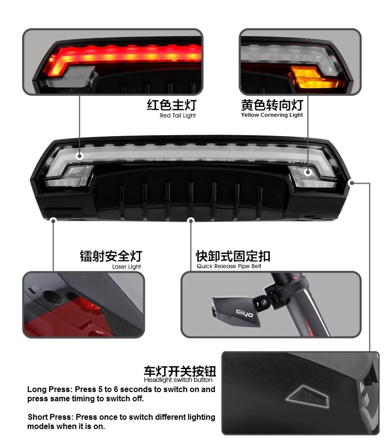 Giyo велосипедный беспроводной лазерный задний светильник, велосипедный сигнал поворота, пульт дистанционного управления, светодиодный Предупреждение ющий задний светильник, USB заряжаемый с батареей