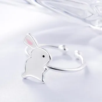 

New Cute Animal Korean Style Fashion Gift 925 Sterling Silver Jewelry Sweet White Rabbit Epoxy Beautiful Opening Rings SR81