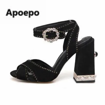 

Newest Luxury brand women sandals crystal Vintage square heels high heels sandals summer pearl sandales femme plus size 43 women