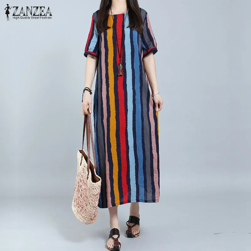 

ZANZEA Women Dress 2019 Summer Long Maxi Party Dresses Casual Loose Short Sleeve Casual Loose Striped Vestidos Plus Size