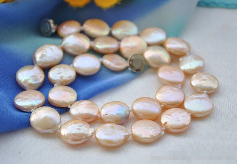 

z5415 natural 17" 14mm pink coin Freshwater cultured pearl necklace magnet NEW