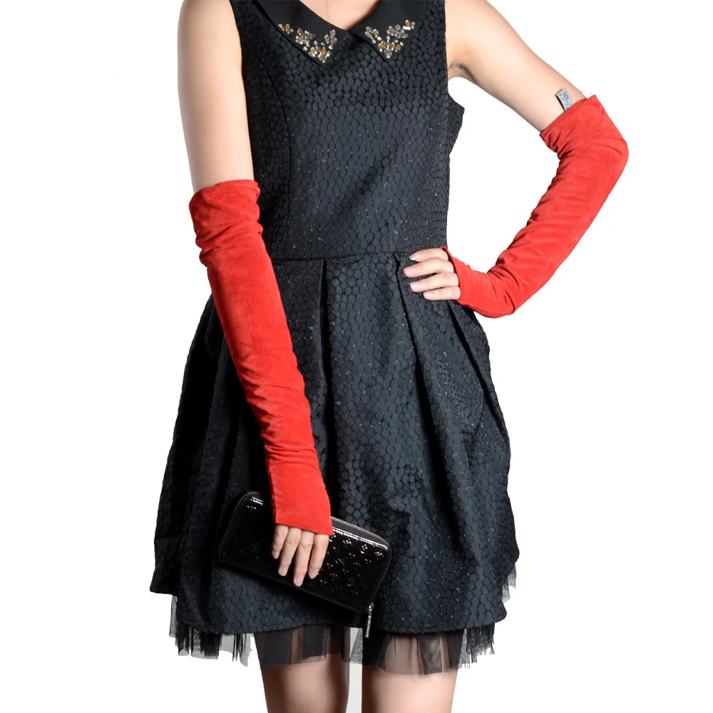 

Women's La'die's Real leather Suede Leather Elbow Half-Finger gloves Fingerless long gloves