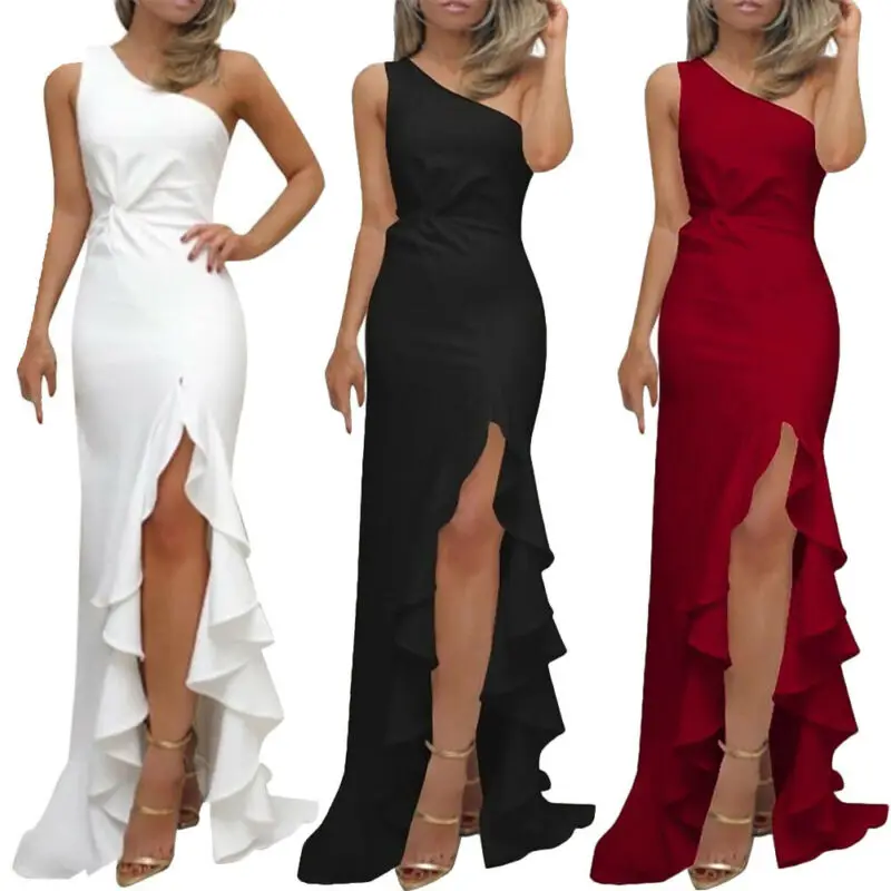 

Elegant Women Dress Summer Sleeveless One Shoulder Long Dress Split Party Dresses Office Lady Ruffles Formal Dresses Sundress