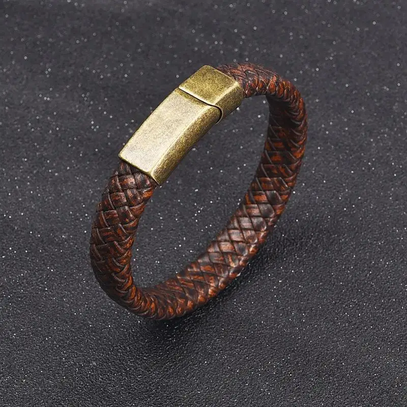 Jiayiqi Панк мужские ювелирные изделия коричневый плетеный кожаный браслет нержавеющая сталь Магнитная Застежка модные браслеты 18,5 см
