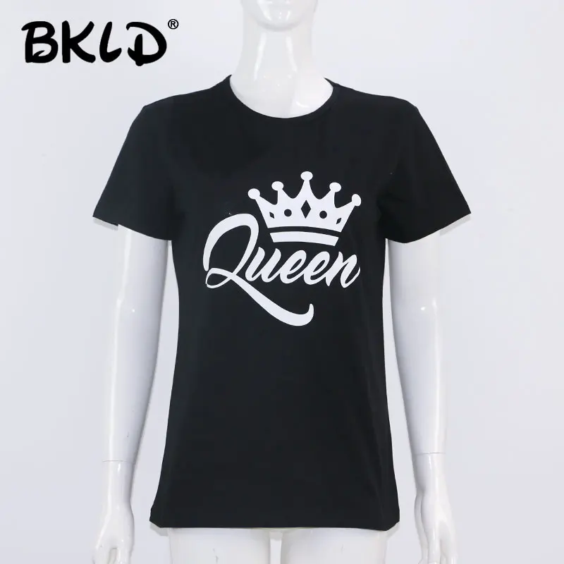 BKLD King queen парные футболки с принтом короны одежда для пар летняя футболка повседневные топы с круглым вырезом Футболка для влюбленных