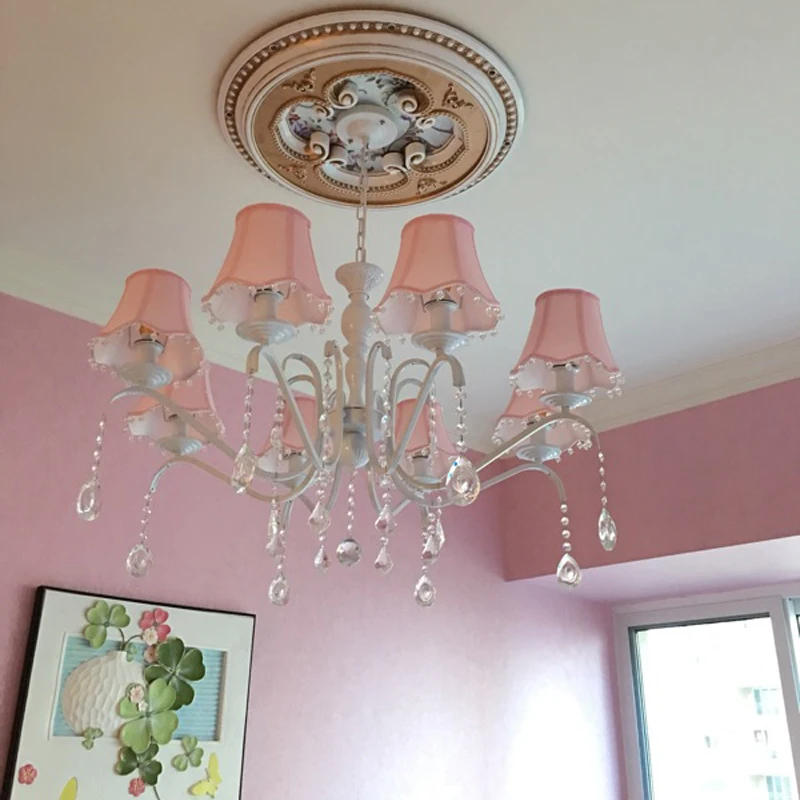 

Korean rural crystal lamp Pendant Lights simple European style wrought iron pink princess room warm room Pendant Lights lamps
