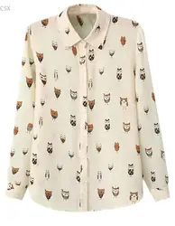 Бесплатная доставка; Новые Для женщин рубашка Женская Мода воротник сова печати с длинным рукавом Шифоновая блузка топы Blusa рубашка 4