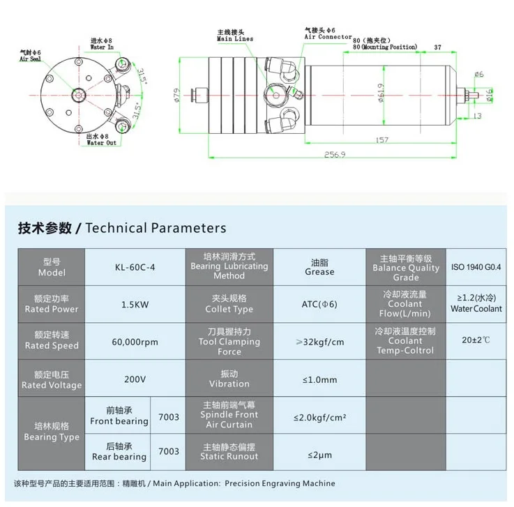 1,5 кВт 2HP 10000-60000 об/мин шарикоподшипник CNC высокоскоростной шпиндель ATC 6 мм цанговый AC200V для точной гравировки