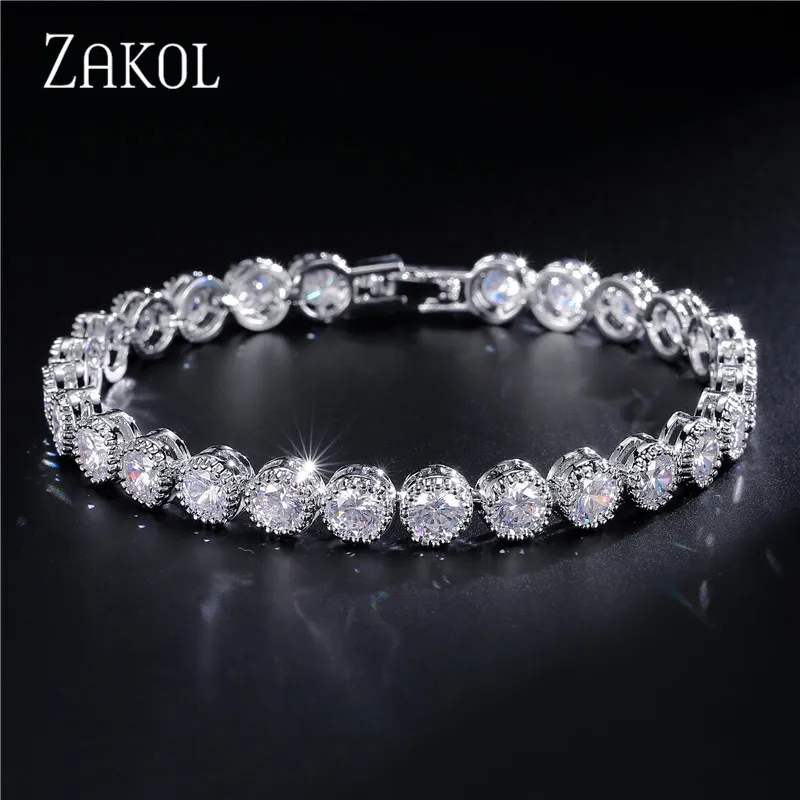 ZAKOL الأزياء الأبيض الذهب اللون جولة AAA مكعب الزركون سلسلة وصله سوار للتنس للنساء أنيقة حزب مجوهرات FSBP096