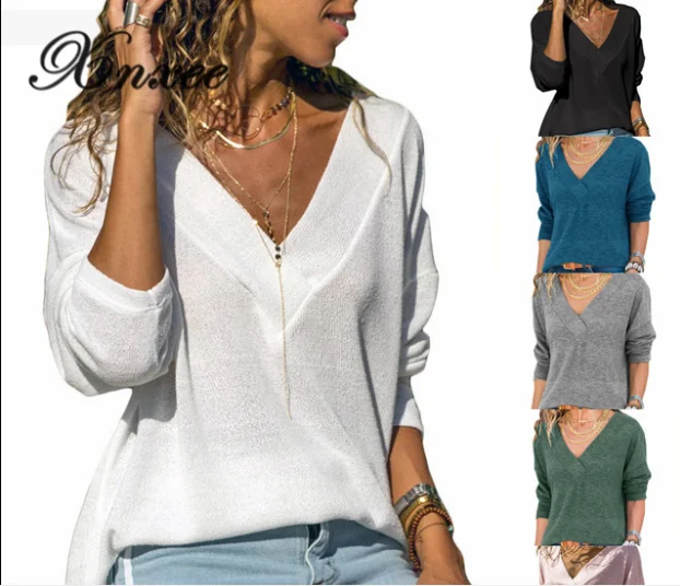 

Xnxee Autumn Casual Pure-colour V-neck Lady's Top with Long Sleeves