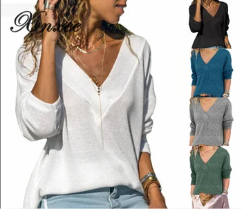 

Xnxee Autumn Casual Pure-colour V-neck Lady's Top with Long Sleeves