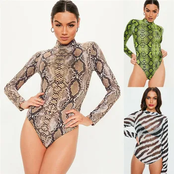 

2019 Womens Ladies Turtle Neck Sheer Mesh Long Sleeve Snakeskin Leotard Top Bodysuit Club Party Jumpsuit NEW