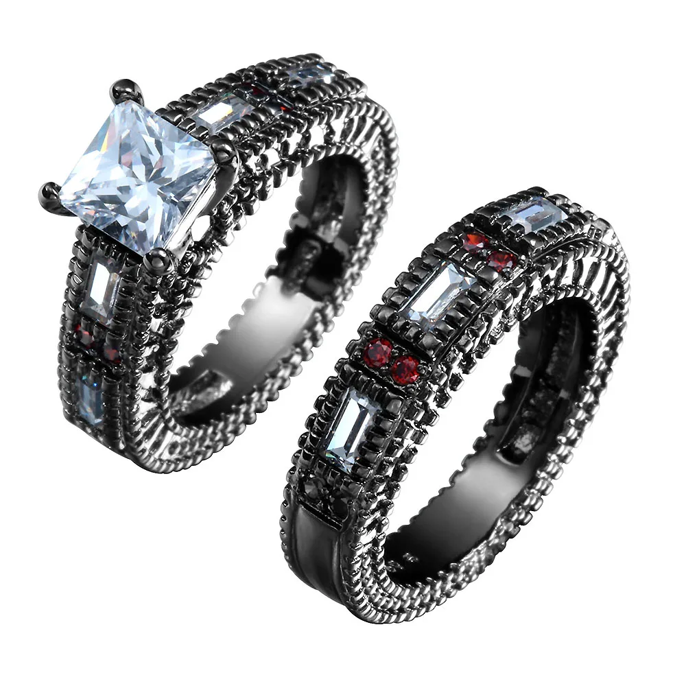 

Vnfuru Black Ring Sets Cz Stone Jewelry For Women 2Pc Black Gold Color Rings Large Whie Red Cz Stone Promise Rings Jewery Gifts