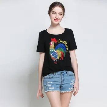 

Kerrilado New Fashion Women Big Cock Embroidery Look Slim Plus Size Black Cotton T-Shirt Round Neck L~4XL AD37