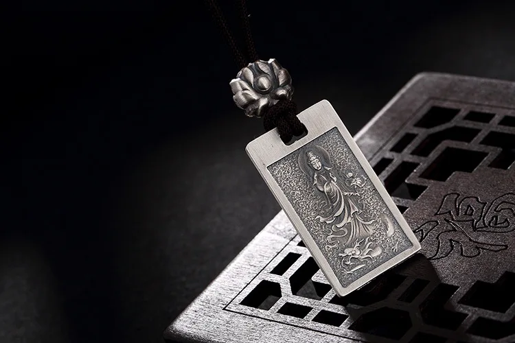 KJJEAXCMY изысканный кулон S999, серебро, антиквариат, матовый, богиня милосердия, лотоса Anfu квадратный Подвеска со шнурком