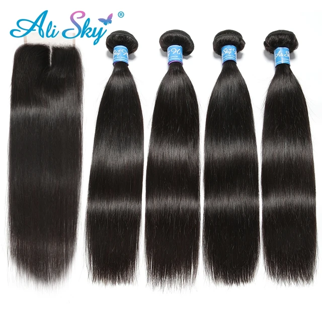 Indian Straight Hair Bundles 4 Bundles With Closure Human Hair Bundles With Closure Ali Sky 4 Indian Straight Hair Bundles 4 Bundles With Closure Human Hair Bundles With Closure Ali Sky 4"x4" Top Lace Closure Remy