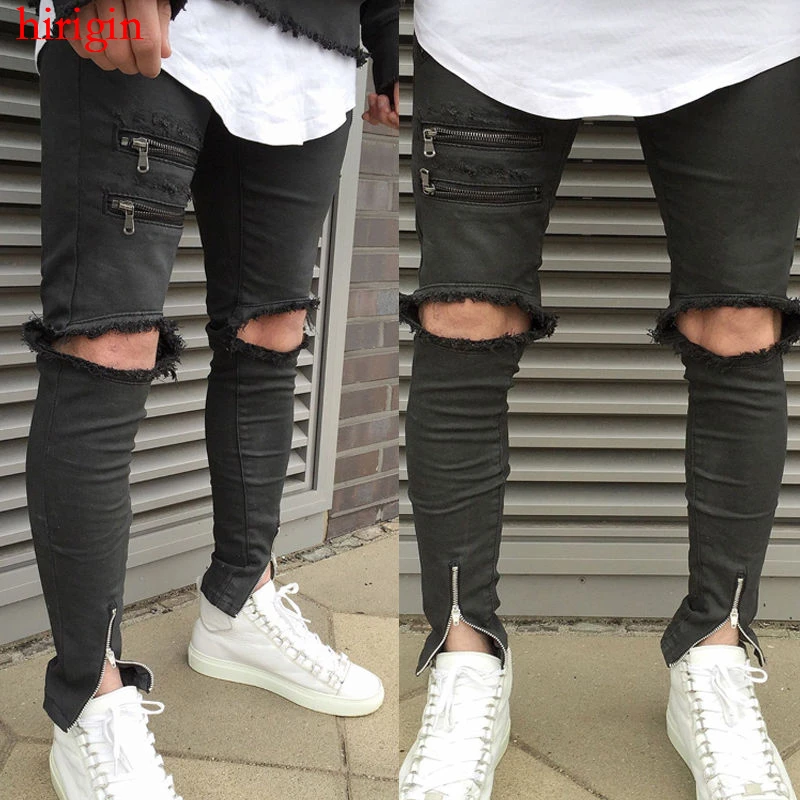 2017 г. модная мужская высокая эластичность джинсы ножом вырезать High Street молния брюки мужской тонкий отверстие повседневные длинные штаны