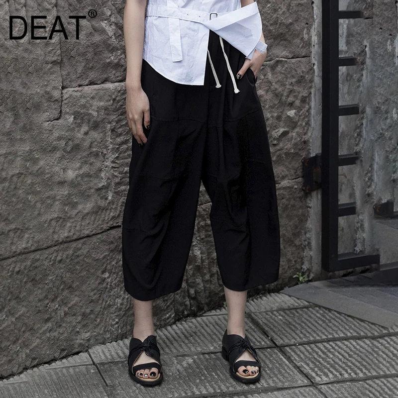 

[DEAT] 2019 New Spring Summer High Elastic Waist Loose Black Split Joint Pocket Loose Pants Women Trousers Fashion Tide JU42