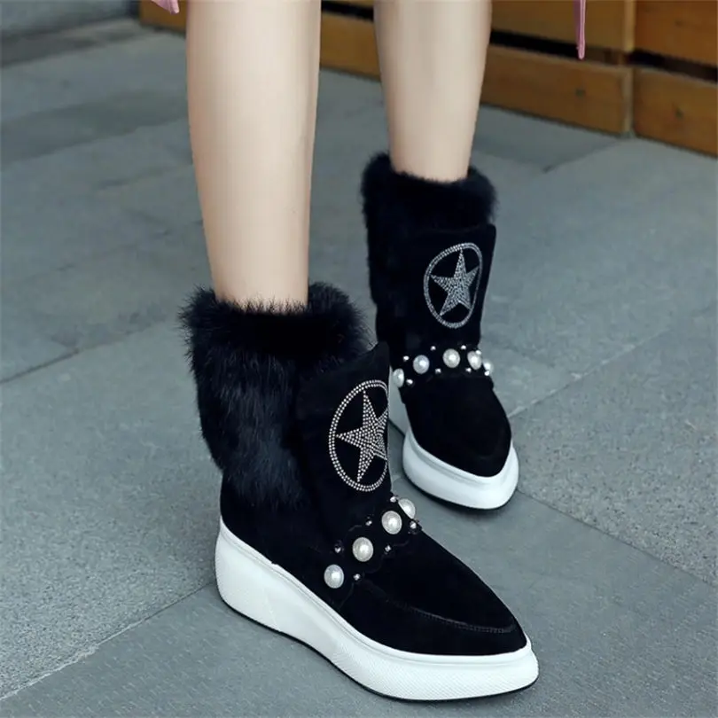 

NAYIDUYUN Women Rhinestones Shoes Genuine Leather Wedge Platform High Heels Riding Boots Rabbit Fur Pointed Toe Winter Pumps