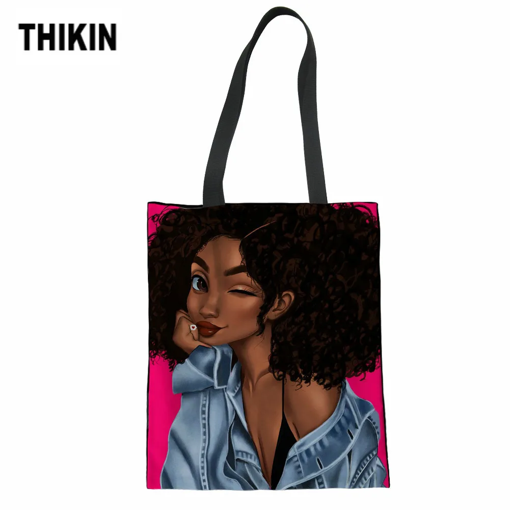 

THIKIN African Black Girls Pattern Print Canvas Shopping Handbag Women Tote Bags Foldable Reusable Bags Teen School Shoulder Bag