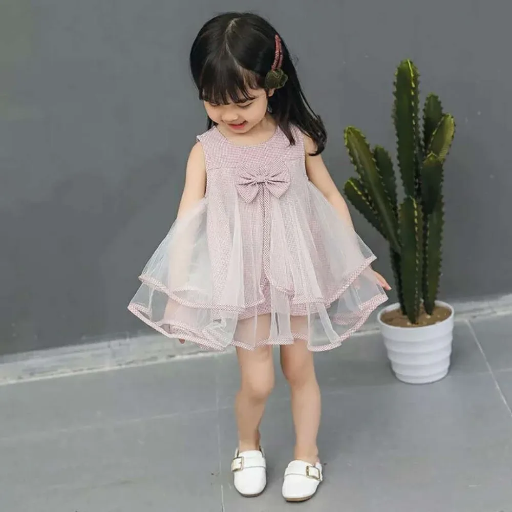 

Princess Baby Girls Dress Casual Summer Autumn Kids Clothes Sleeveless Plaid Girl Ball Gown Mesh Tutu Party Wedding Dresses