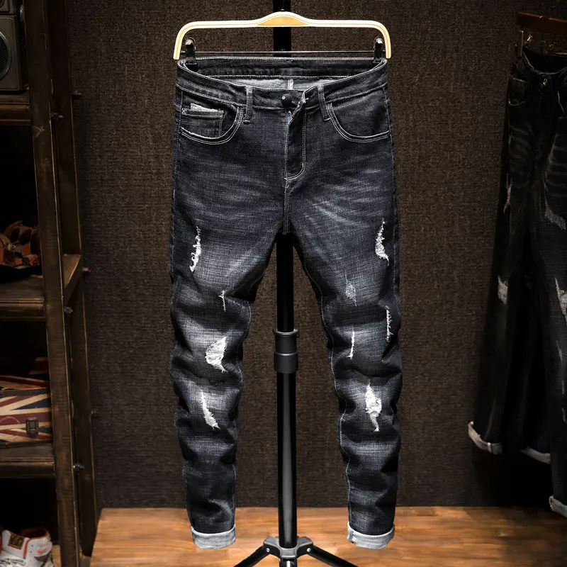 Men's Loose Straight Barrel Elastic Trend in Spring 2019 Puncture Patch Jeans Men's MP347