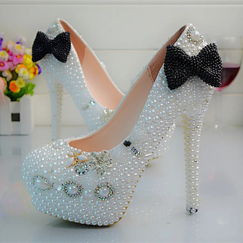 Luxurious  High Heels Nightclub Prom Party Pumps White Pearl Bridesmaid Shoes Bridal Wedding Dress Shoes Pearl Bowtie Shoes