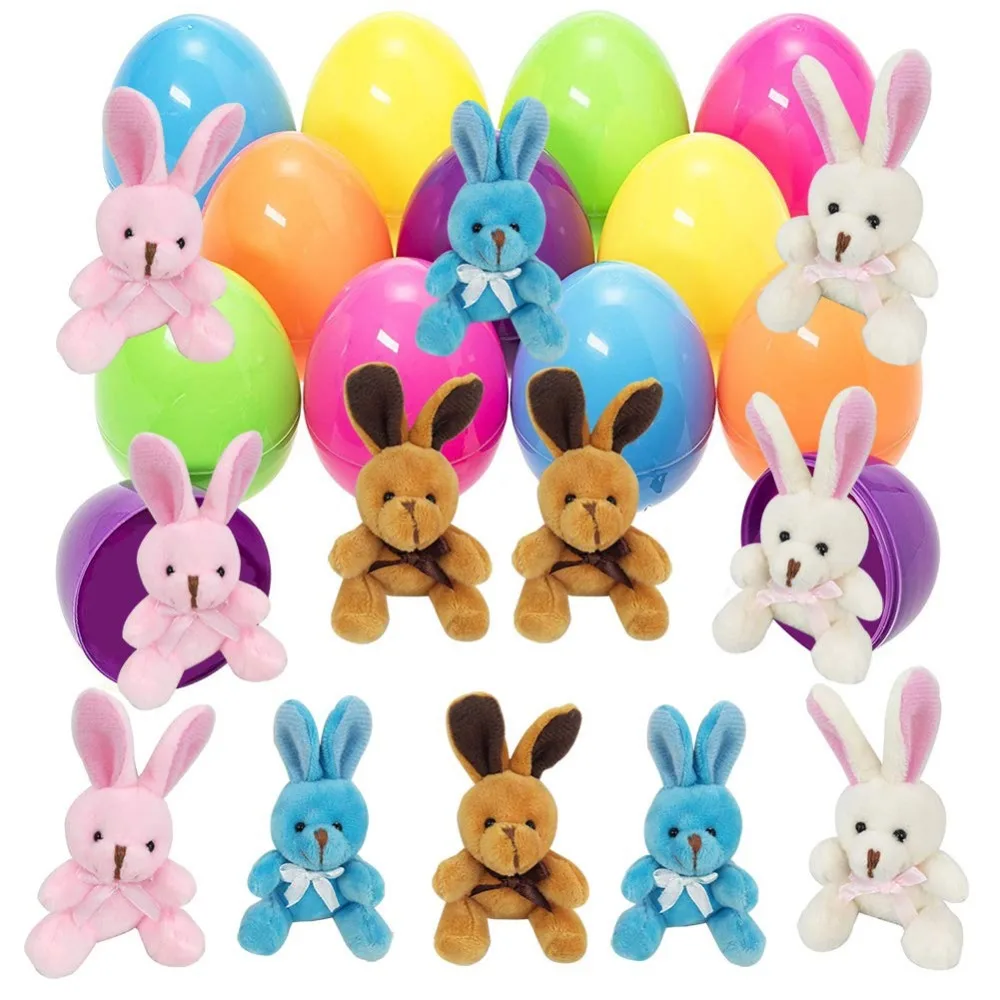 

12 Pcs Jumbo Easter Eggs Filled with Plush Bunny, 3" Assorted Colorful Prefilled Plastic Eggs for Easter Theme Party Favor