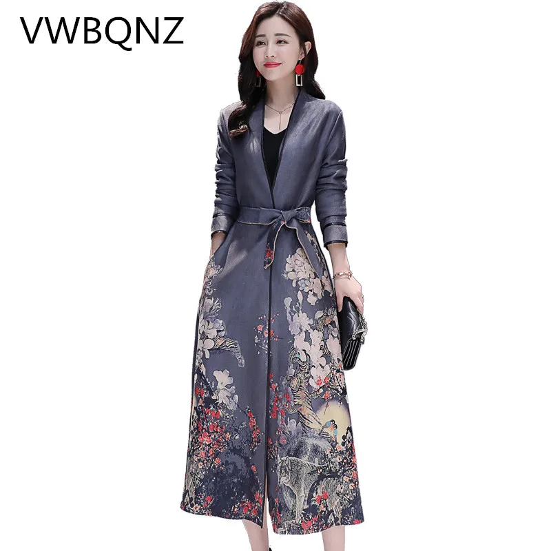 

Women Windbreaker 2019 Spring Autumn Slim Deerskin suede Long Overcoat Coats Vintage Print Belt Female Trench Coat Plus size 3XL
