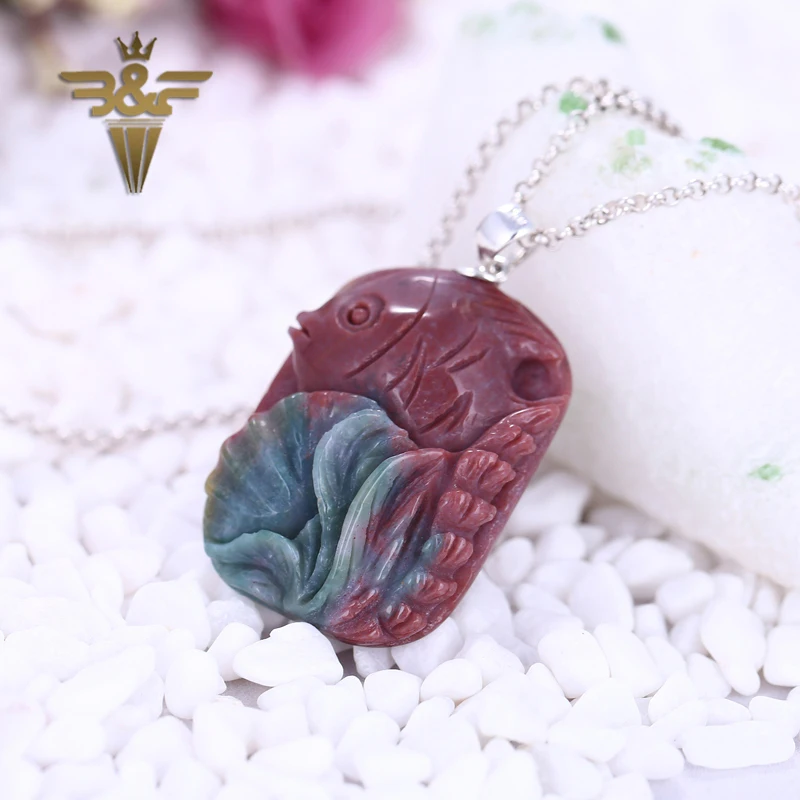 

Natural Stone Ocean Jasper Carving Fish With 925 Silver Clasp Pendant Bead 33x23x8mm 13.6g Lucky Pendant