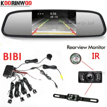 

Koorinwoo Car License Plate Rear View Camera 4.3 TFT LCD Mirror Monitor 4 Radar Car Parking Sensor Alarm Video System Black Red